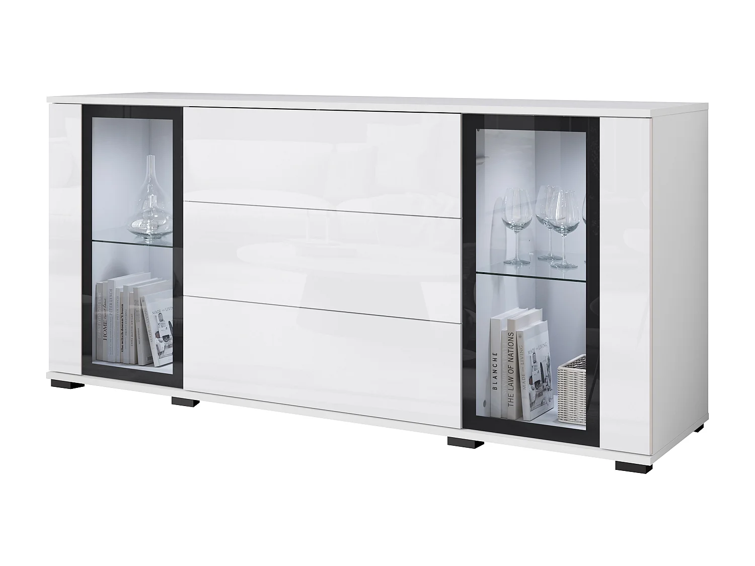 Komoda 150 cm do salonu – nowoczesna witryna z przeszkleniami + szuflady, korpus biały mat, fronty biały połysk 4701910