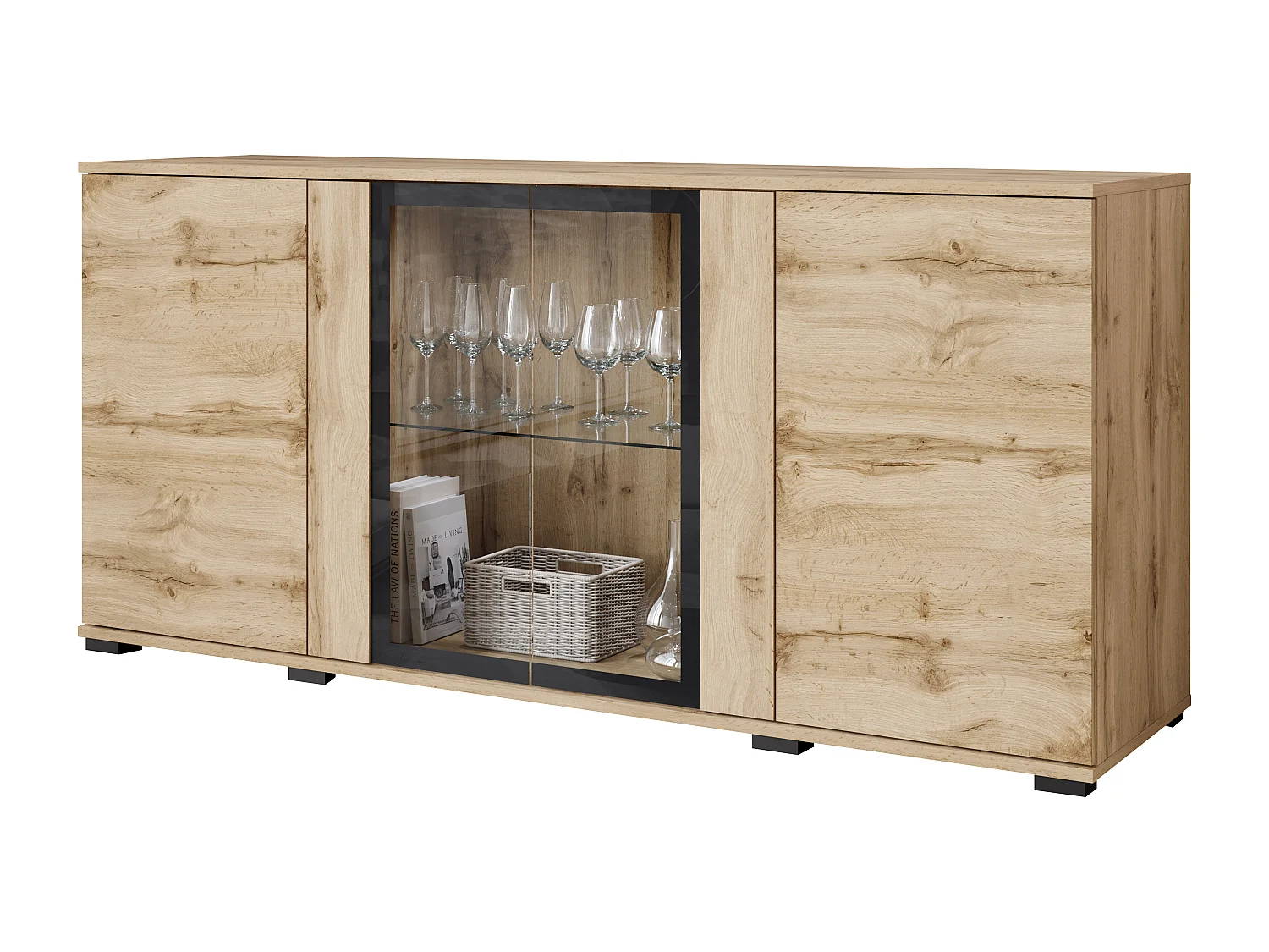 Komoda 150 cm do salonu – nowoczesna witryna z przeszkleniami, mat wotan 4367346