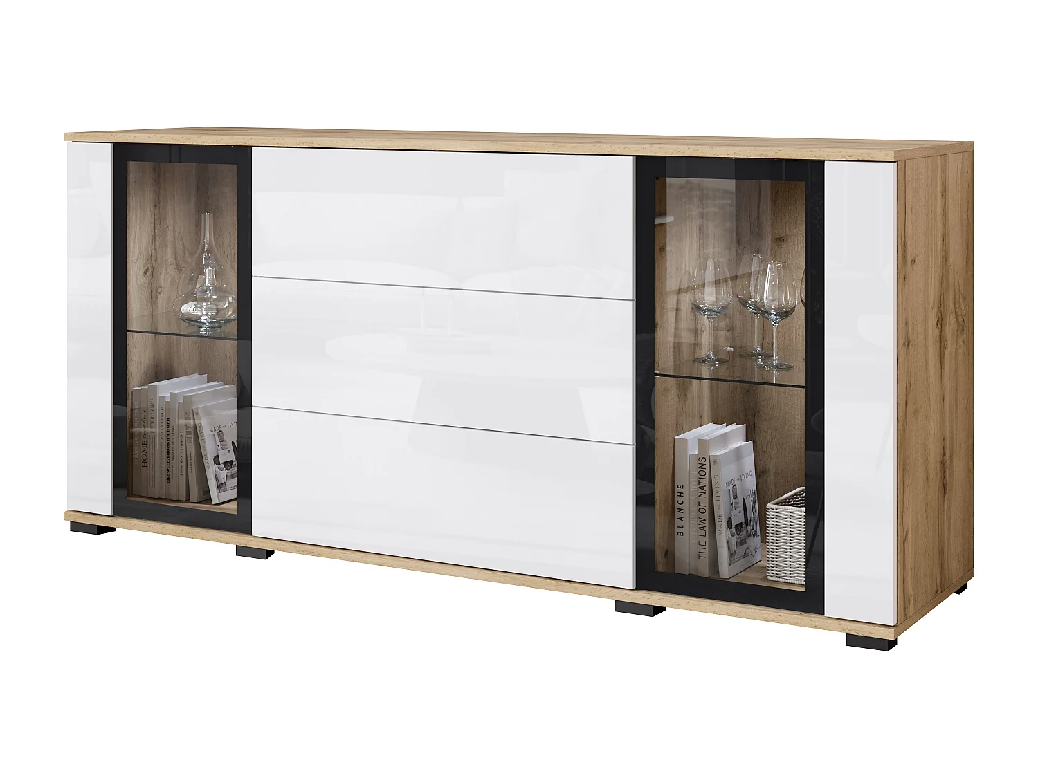 Komoda 150 cm do salonu z LED – nowoczesna witryna z przeszkleniami + szuflady, dąb wotan 4720227