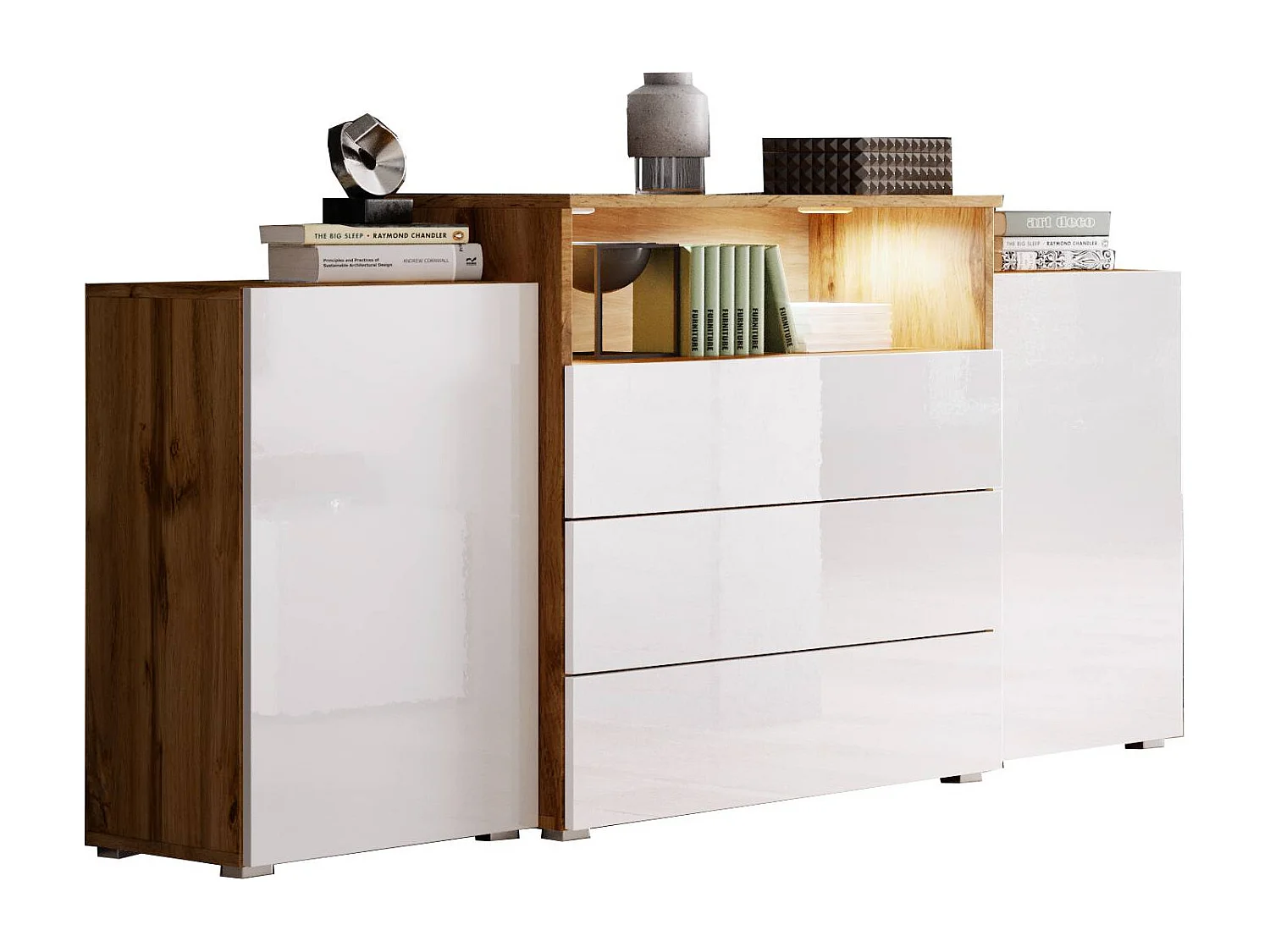 Komoda 150 cm do salonu – nowoczesna stojąca z 3 szufladami, wnęką i szafkami bocznymi, korpus wotan mat i fronty biały połysk 4070285 - obrazek 1