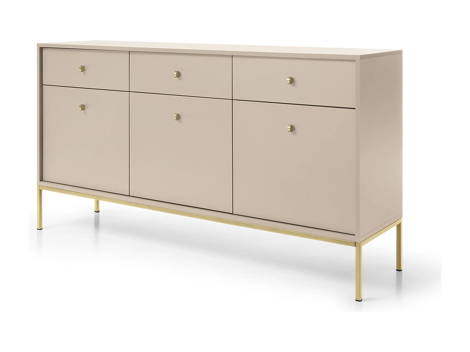 Komoda 150 cm Monti – sideboard z 3 szufladami, 3 drzwiami, nóżki – beż + złoty 4996365