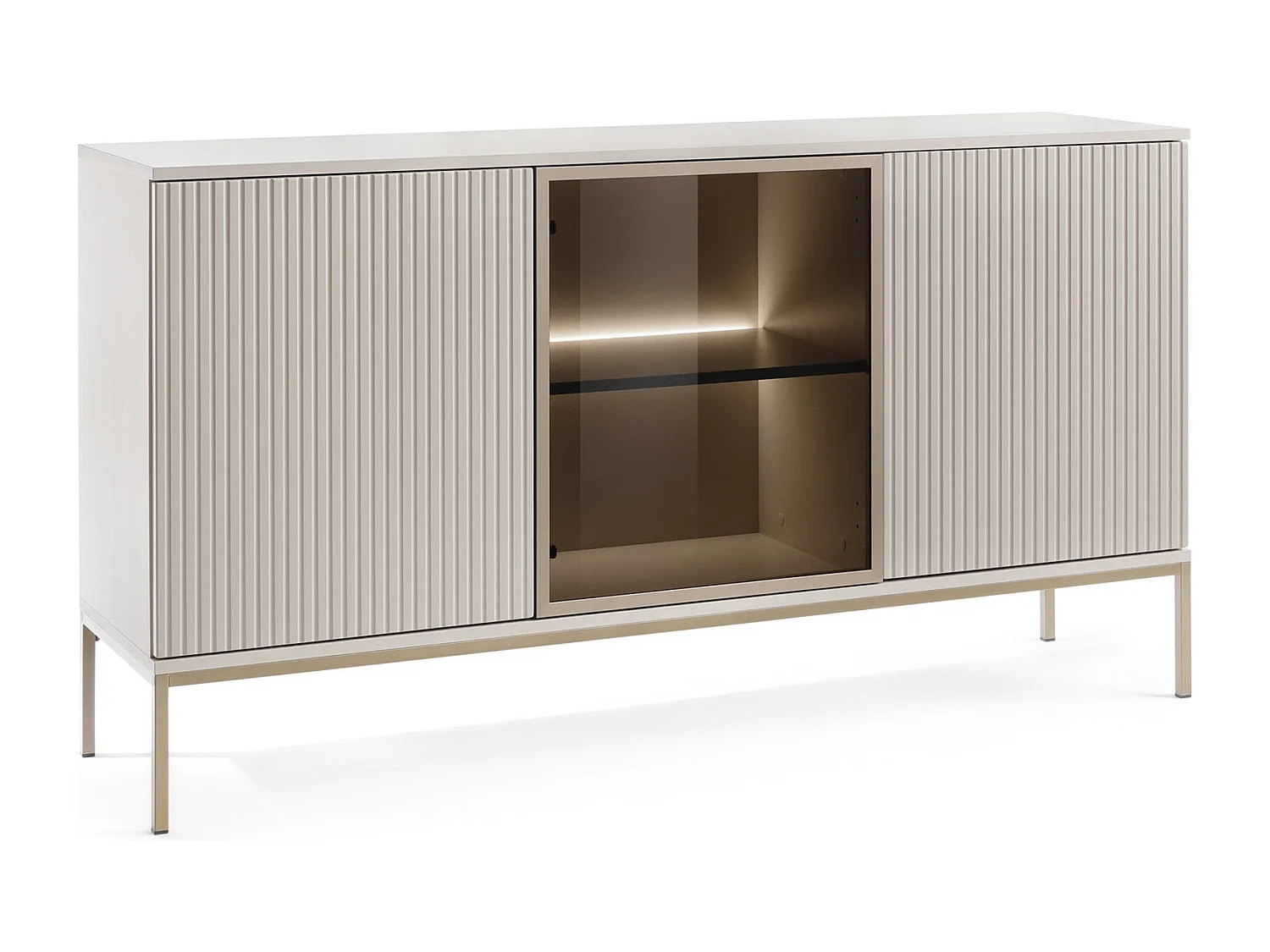 Komoda dwudrzwiowa Haller do salonu - komoda 150 cm na nóżkach, z oświetleniem LED, szklane drzwi, lamele, kaszmir 4996405 - obrazek 1