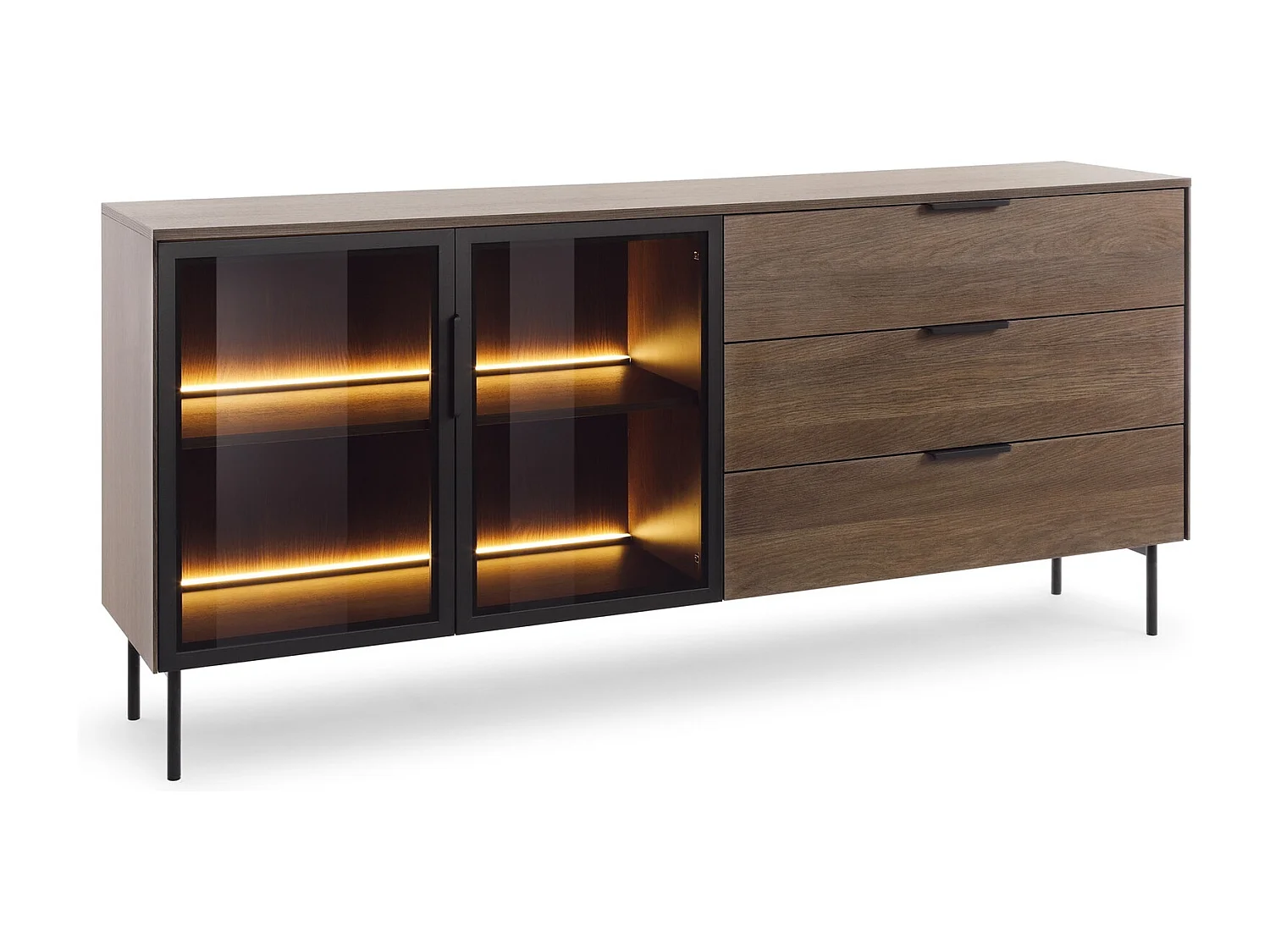 Komoda 180 cm Senzia na nóżkach – 3 szuflady, 2 szklane drzwi, komoda z LED do salonu – dąb Dunin 4996410