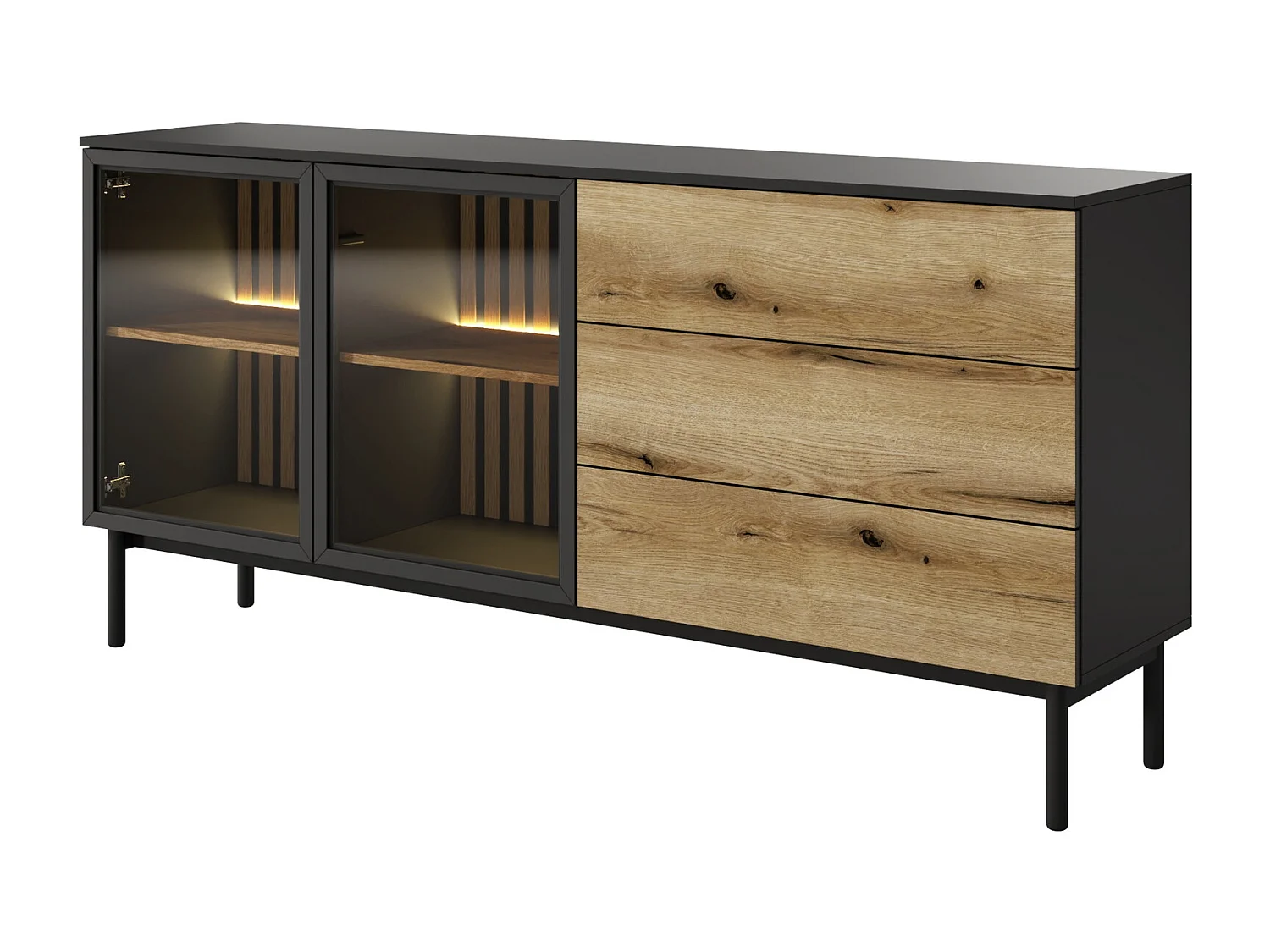 Komoda 180 cm z LED Jotare, czarne nóżki 20 cm – komoda z szufladami, 2 szklane drzwi – dąb Evoke 4996430