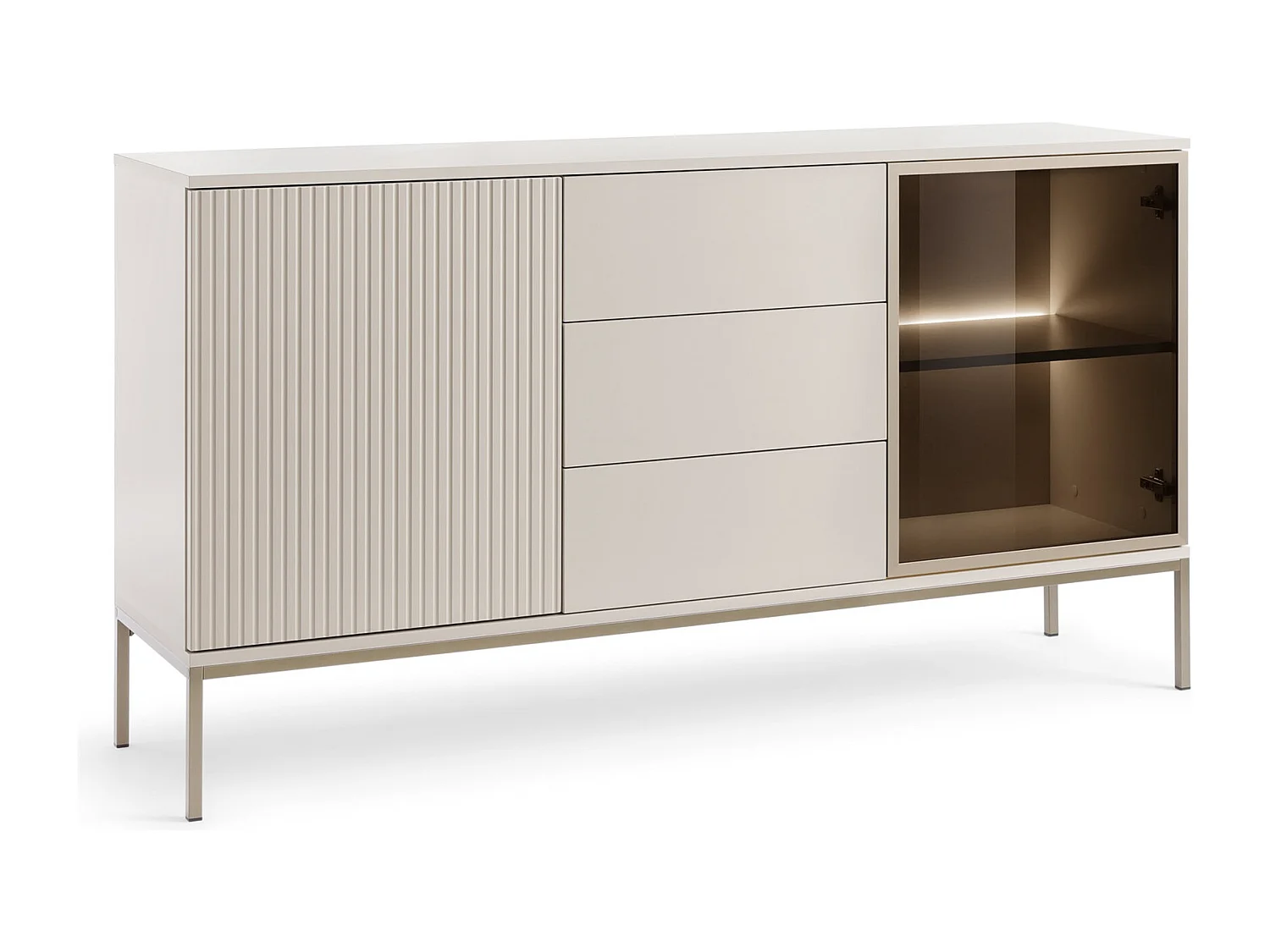 Komoda z szufladami Haller - komoda 150 cm na nóżkach, dwudrzwiowa z oświetleniem LED, szklane drzwi, lamele, kaszmir 4996464 - obrazek 1