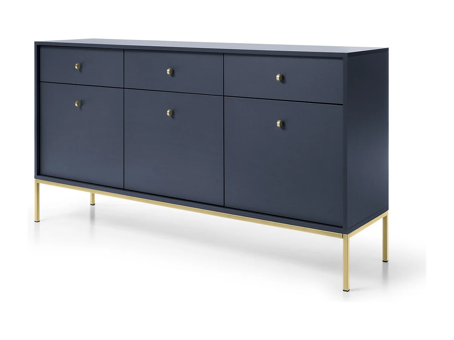 Komoda 150 cm Monti – sideboard z 3 szufladami, 3 drzwiami, nóżki – granatowy + złoty 4996469