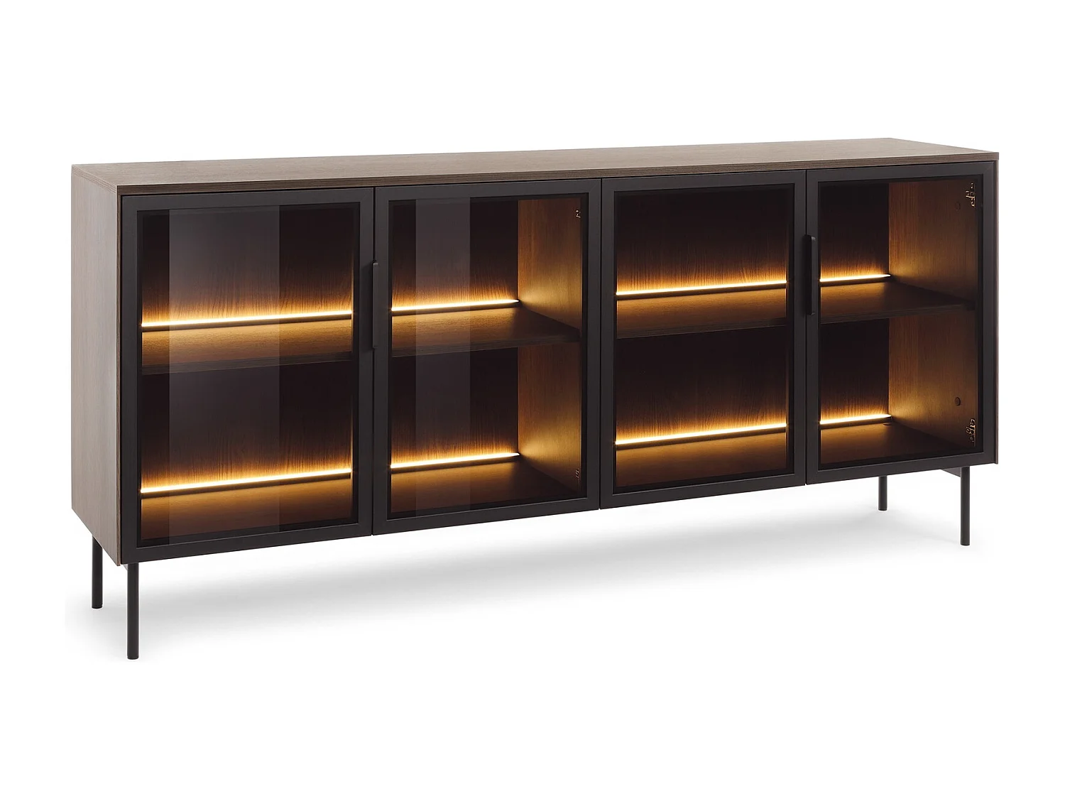 Komoda na nóżkach 180 cm Senzia z oświetleniem LED - komoda do salonu, 4 szklane drzwi - dąb Dunin 4996482 - obrazek 1