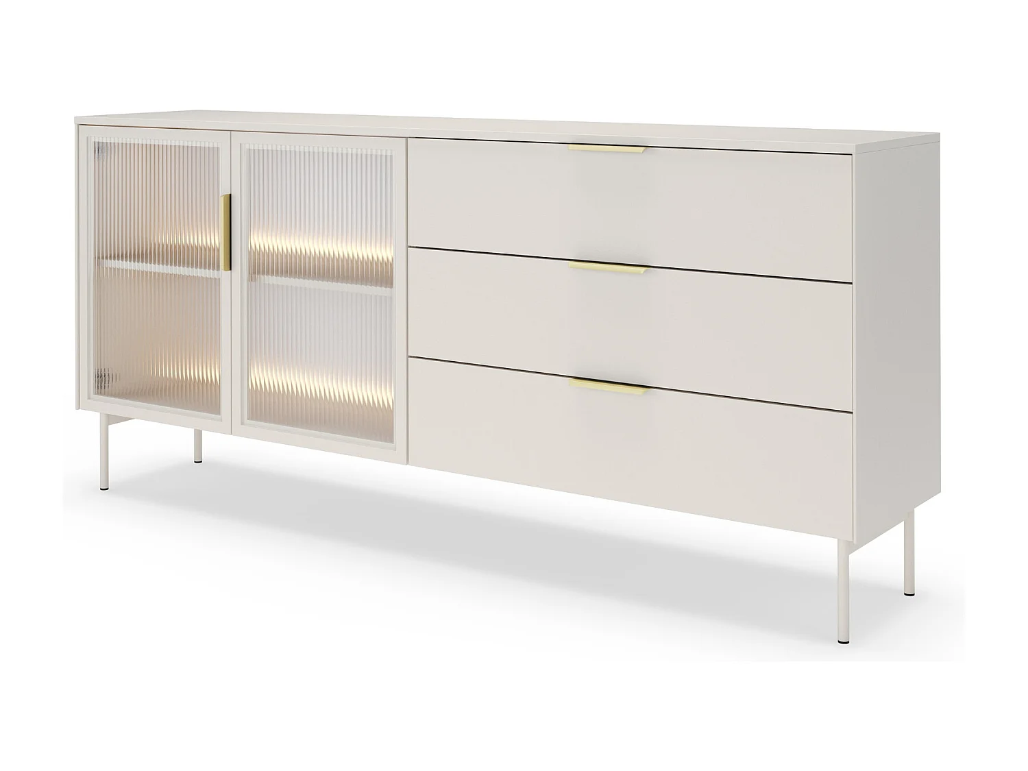 Komoda 180 cm Senzia na nóżkach – 3 szuflady, 2 szklane drzwi, komoda z LED do salonu – kaszmir 4996492