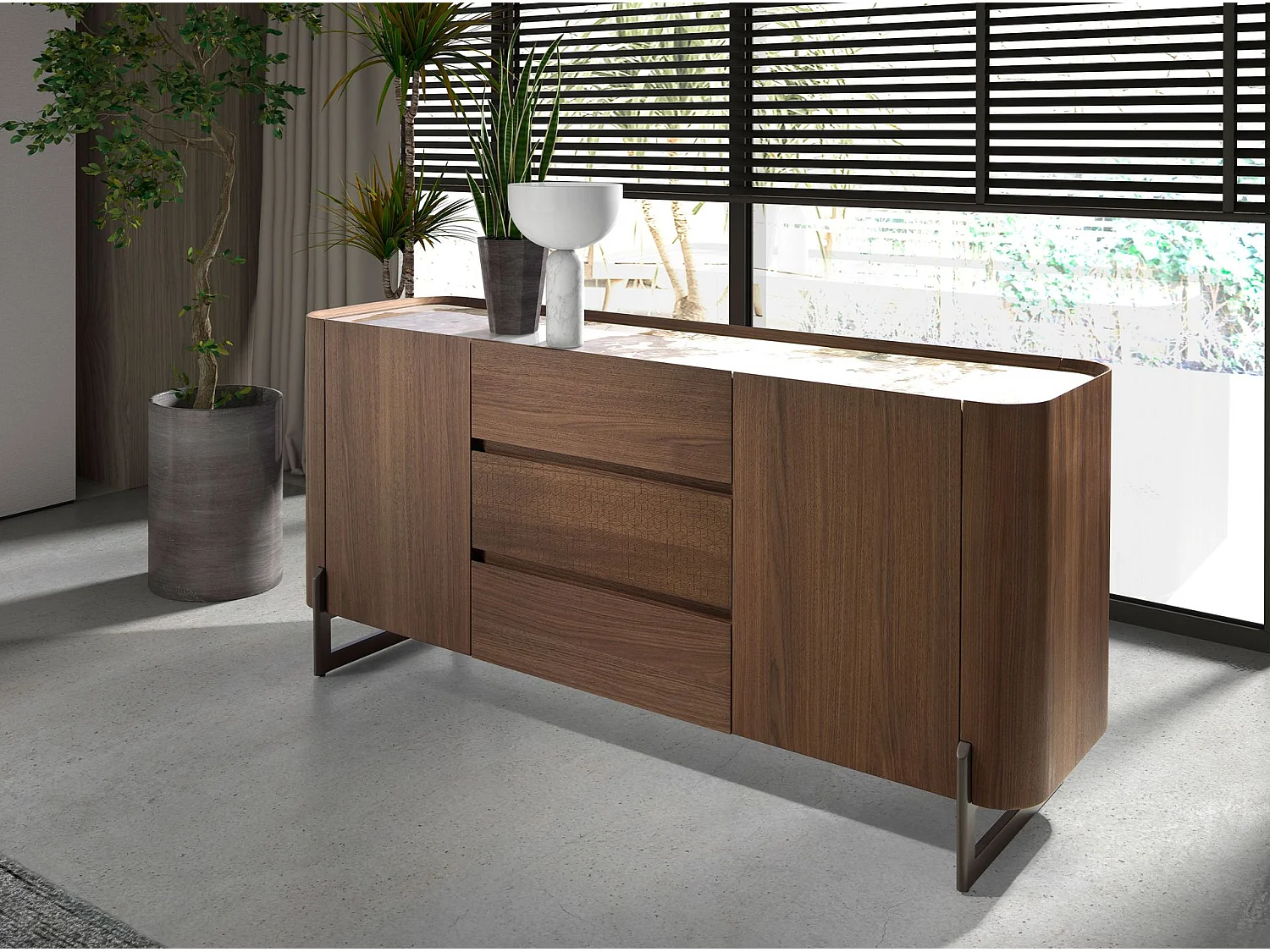 Kredens z orzecha włoskiego i ciemnej stali metalizowanej z blatem z marmuru porcelanowego 3252 ANGEL CERDA 1991807 - obrazek 1