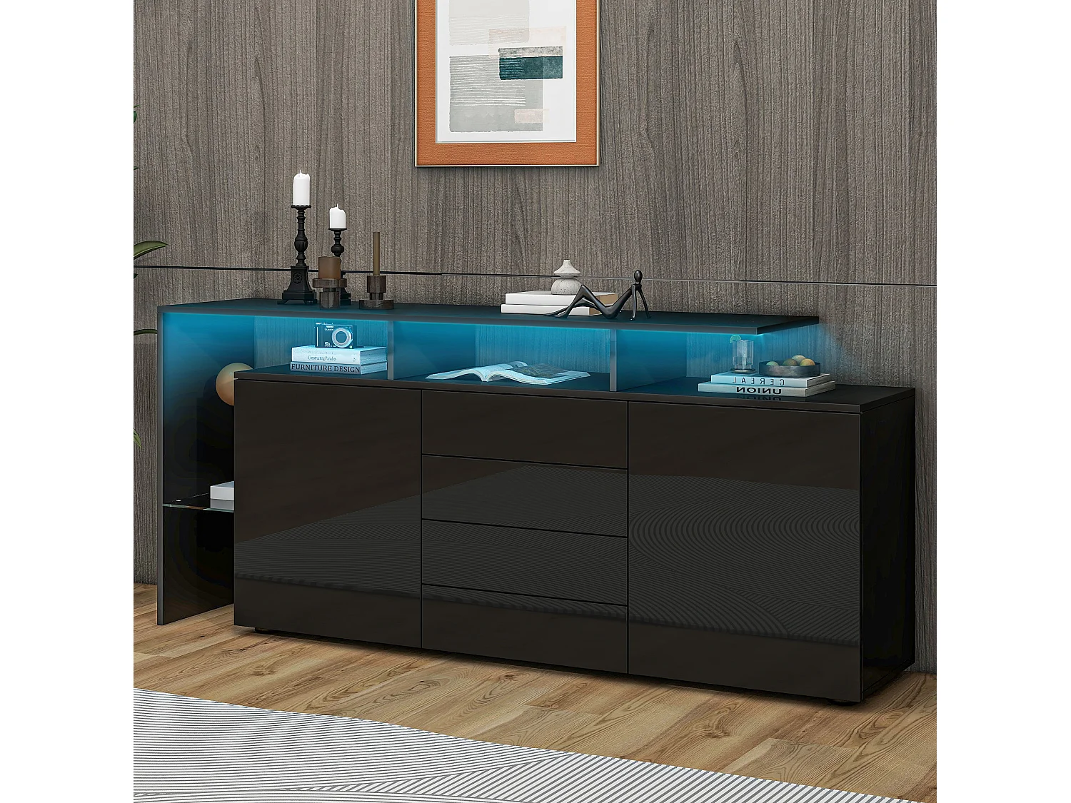 Komoda z 2 drzwiami + 4 szufladami i półkami - 160 x 35 x 70 cm - oświetlenie LED - płyta wiórowa - kolor czarny 4802182 - obrazek 1