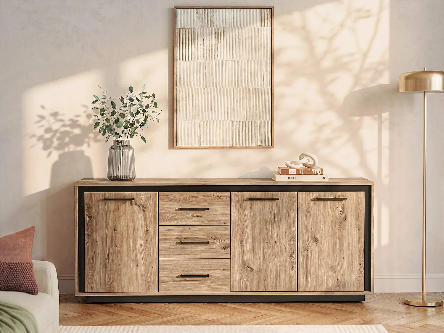 Komoda 3-drzwiowa z 3 szufladami, z MDF – kolor naturalny i czarny - NALAMANE 133559 - obrazek 1