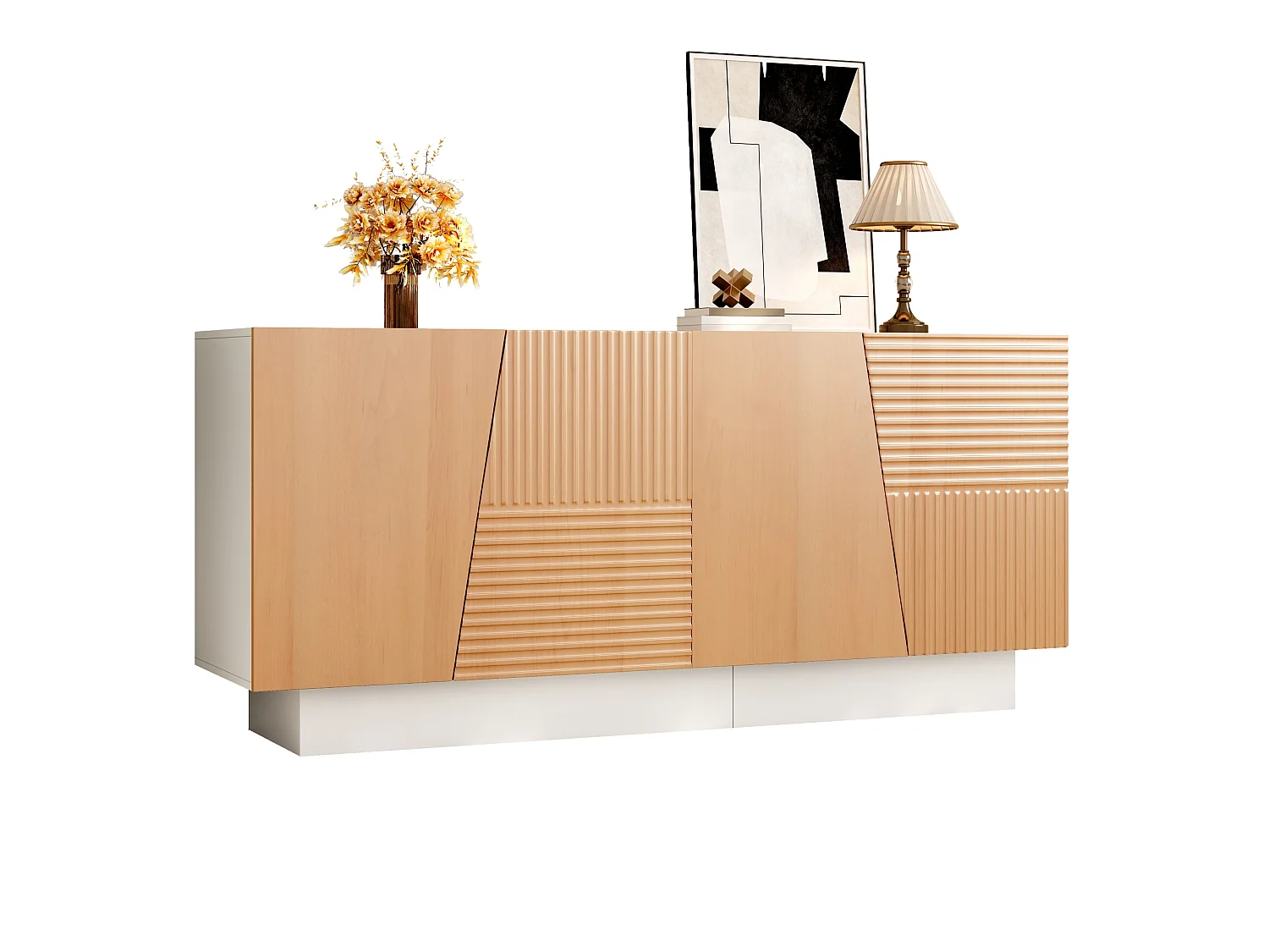 Komoda z 4 drzwiami 160x40,5x72 cm - Żłobiony geometryczny wzór - Regulowane półki - MDF - Kolor naturalny 5006029 - obrazek 1
