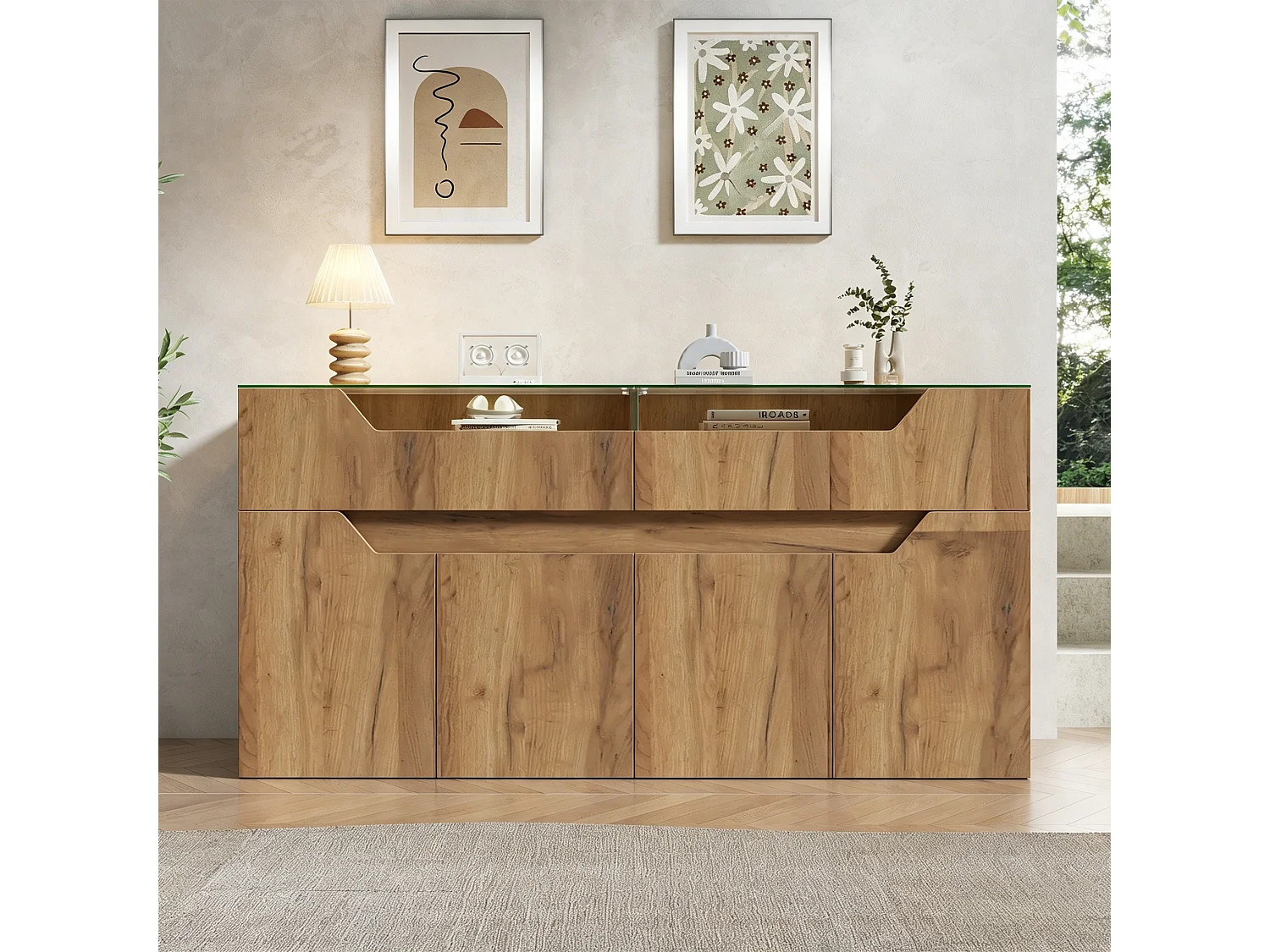 Komoda z hartowanym blatem szklanym - 2 szuflady i 4 drzwi - 140x40x70 cm - Wykończenie imitujące drewno - MDF + szkło - Naturalny 5006037 - obrazek 1