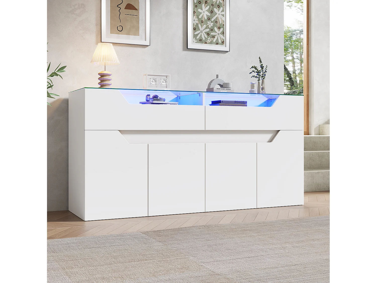 Komoda z hartowanym blatem szklanym - 2 szuflady i 4 drzwi - 140x40x70 cm - MDF + szkło - Biały 5006047 - obrazek 1