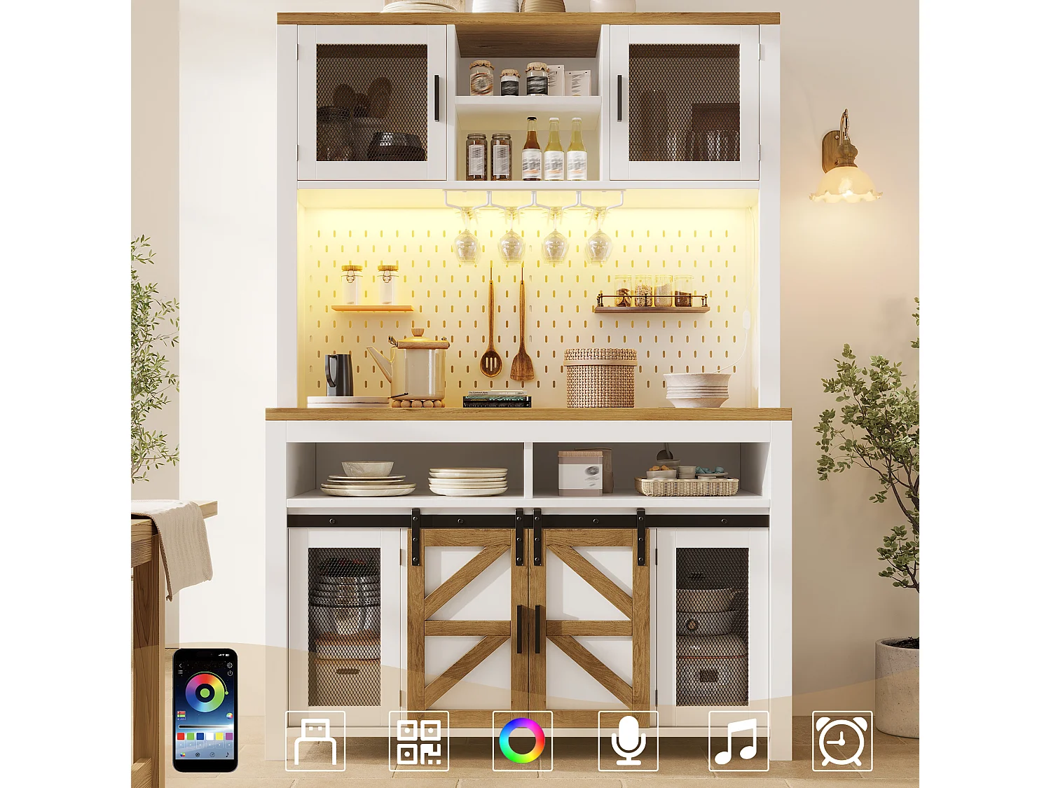 Kredens kuchenny 120x40x174,5 cm - z drzwiami przesuwnymi, portem USB, perforowanym panelem i oświetleniem LED - Biały 5006248 - obrazek 1