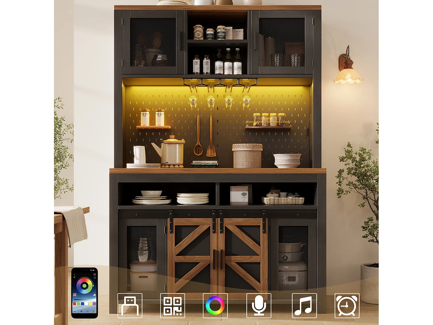 Kredens kuchenny 120x40x174,5 cm - z drzwiami przesuwnymi, portem USB, perforowanym panelem i oświetleniem LED - Czarny 5006250 - obrazek 1