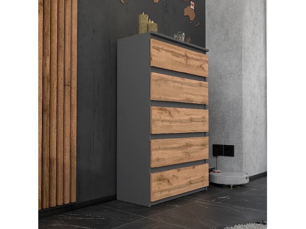 Komoda z 5 Szufladami Stiv-Meble Szary Mat Dąb Wotan Szafka 70x33,5x115 cm 1szt. 4883439 - obrazek 1