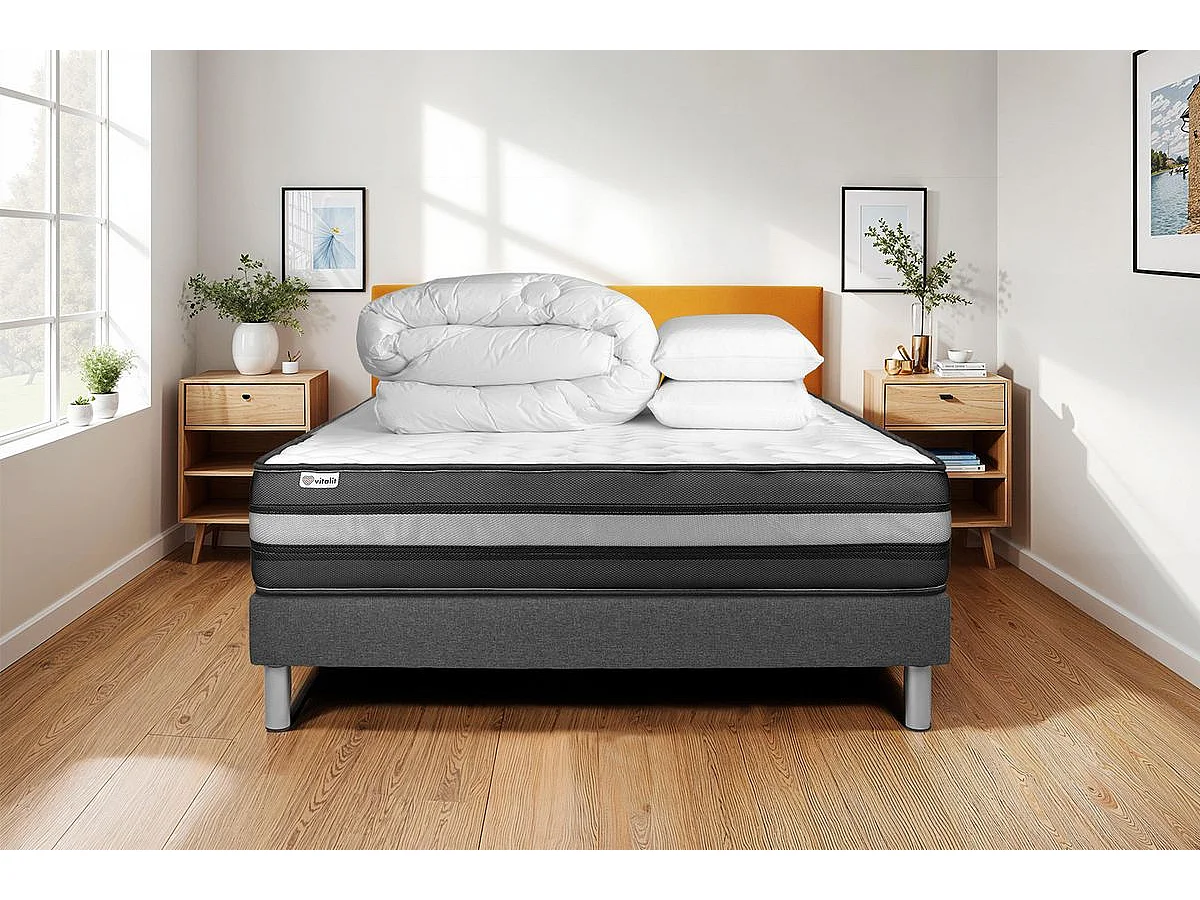 Kompletne łóżko VITALPOWER ZEN 140 x 190 cm - Szare - Pianka pamięciowa - Wkładki i Kołdra w zestawie 162465 - obrazek 1