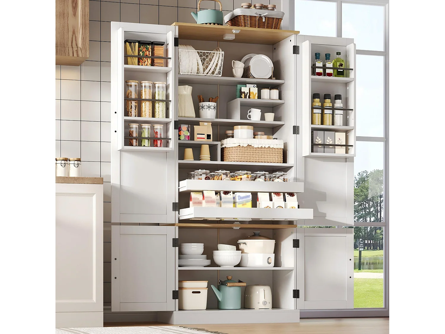 Kredens kuchenny 80x40x180 cm - wyposażony w czujniki - z 4 drzwiami i 2 szufladami - regulowane półki - biały 5015620 - obrazek 1