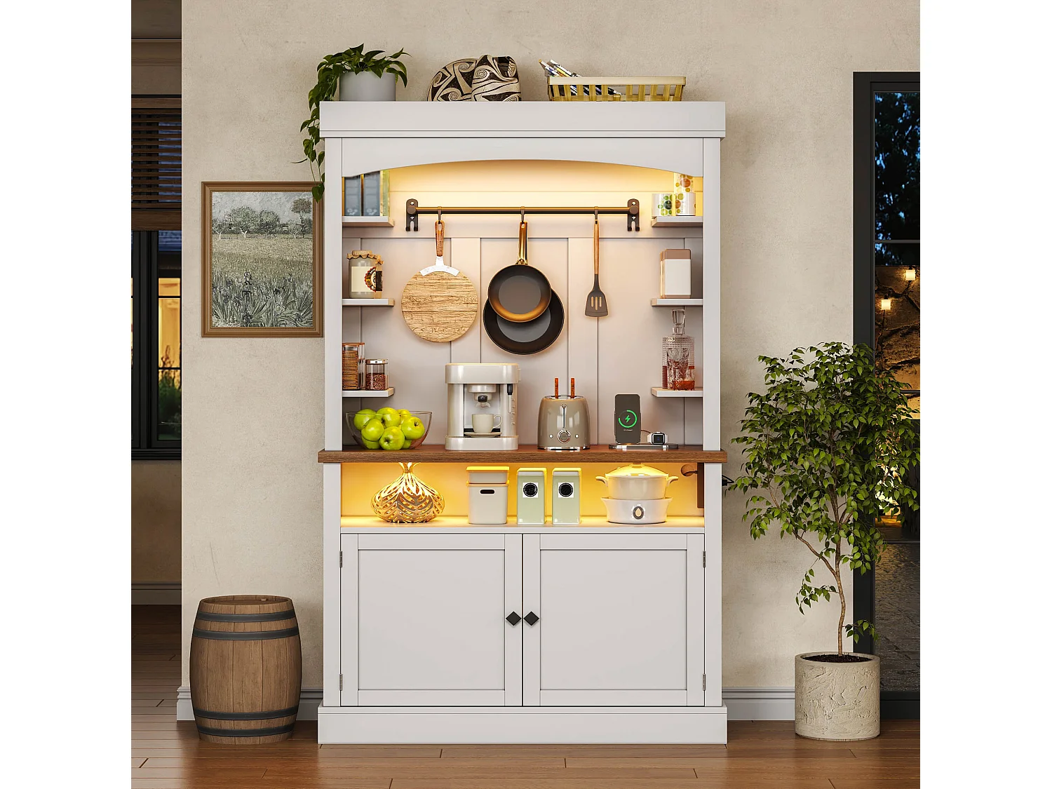 Kredens kuchenny 106x43x183 cm - z oświetleniem LED i gniazdkiem - z 2 drzwiami - z haczykiem - witryna i stojak na wino w jednym - biały 5015655 - obrazek 1