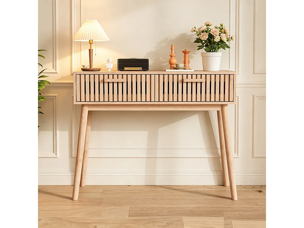 Konsola z jasnego naturalnego drewna z 2 szufladami, styl etniczny, 100x35x80 cm, dyskretne miejsce do przechowywania do salonu i przedpokoju 4871367 - obrazek 1