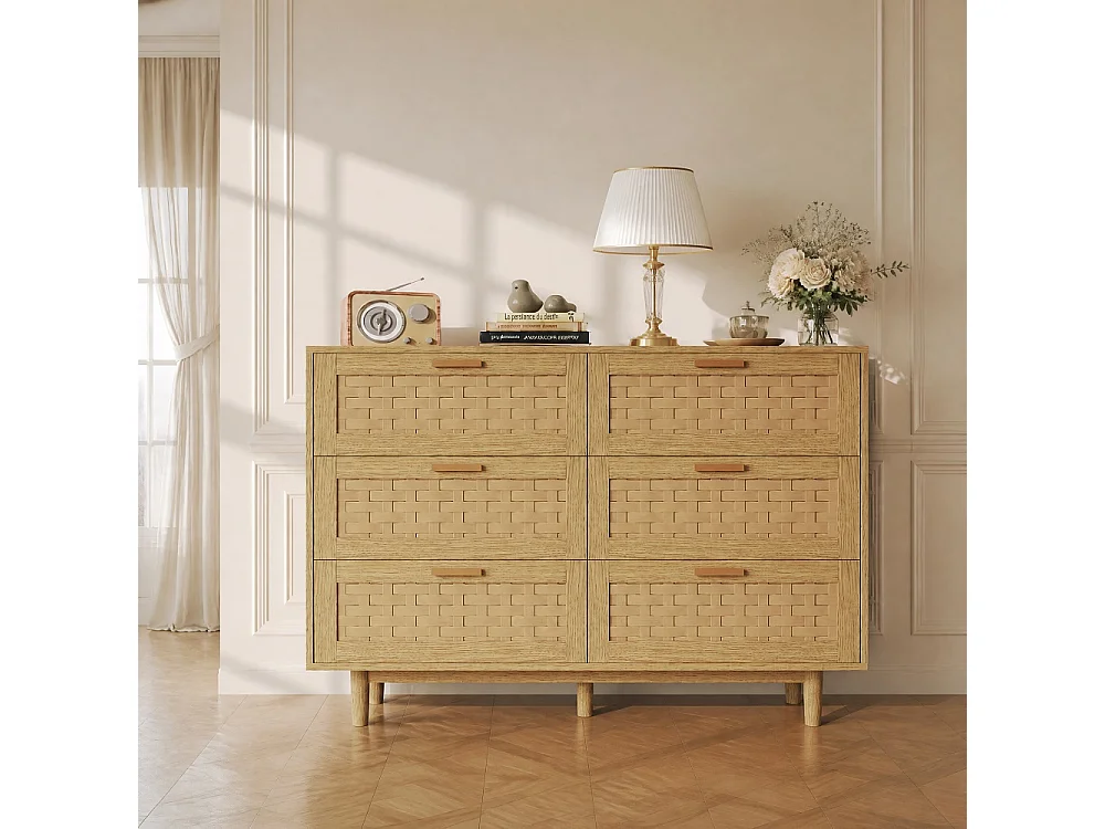 Komoda Boho z Drewna Rattanowego z 6 Szufladami, Styl Naturalny, Kolor Dąb, 115x40x80 cm 4897816 - obrazek 1