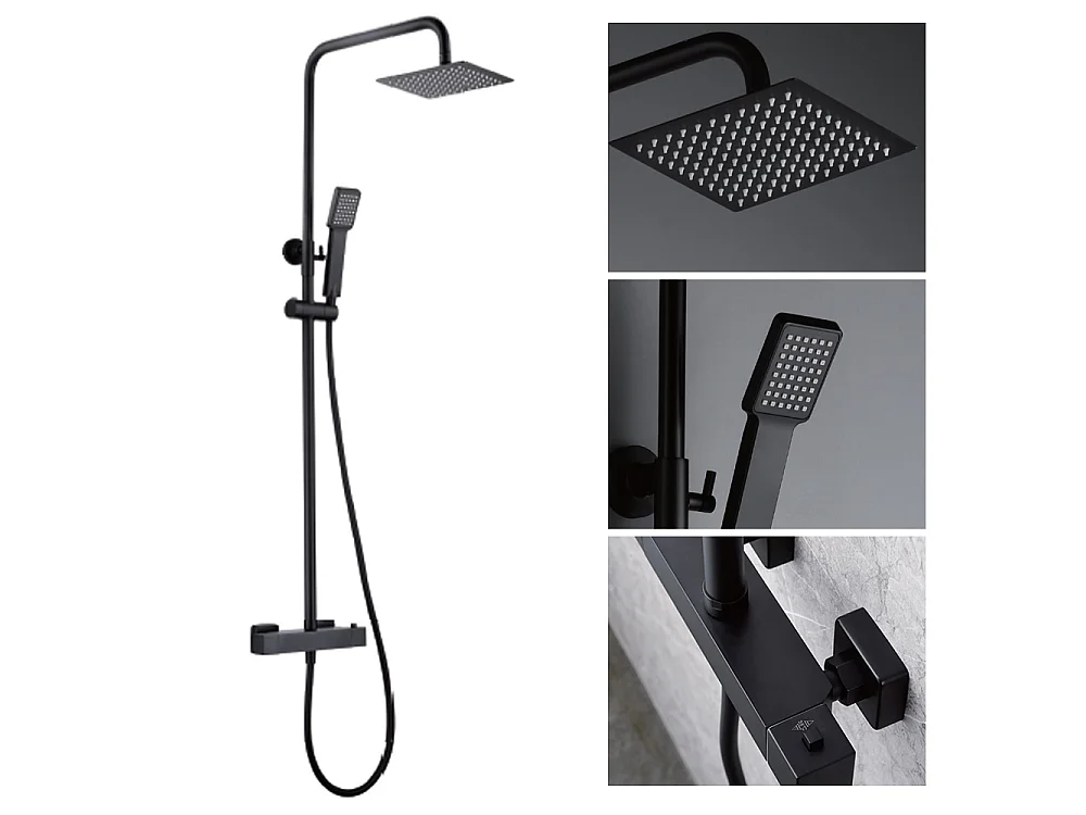 Kolumna Prysznicowa z Baterią Termostatyczną | Kwadratowa Deszczownica ze Stali Nierdzewnej S.304 20×20 cm | Antykamień Czarny Mat 5029479