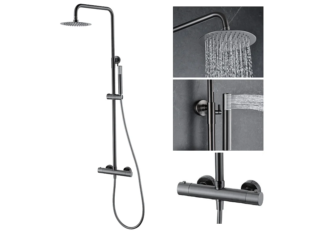 Kolumna Prysznicowa z Baterią Termostatyczną | Okrągła Deszczownica ze Stali Nierdzewnej S.304 Ø20 cm | Antykamień Black Gun Metal 5029482