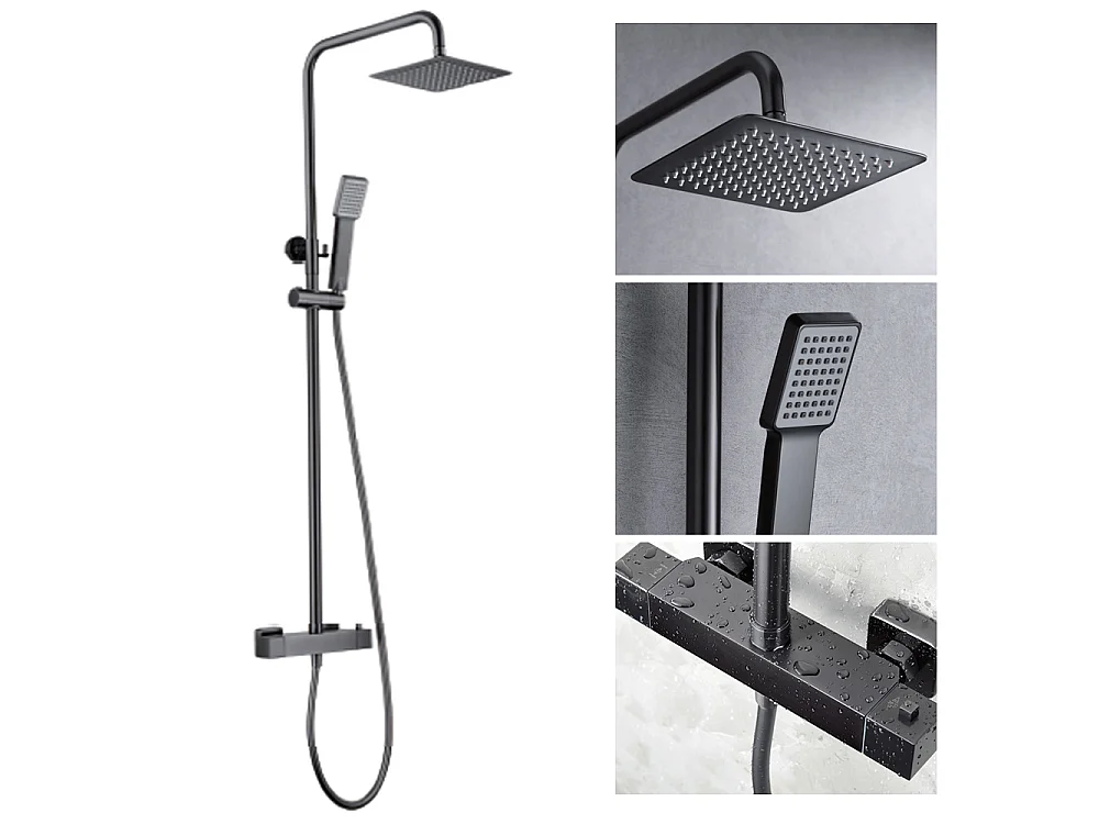 Kolumna Prysznicowa z Baterią Termostatyczną | Kwadratowa Deszczownica ze Stali Nierdzewnej S.304 20×20 cm | Antykamień Black Gun Metal 5029495