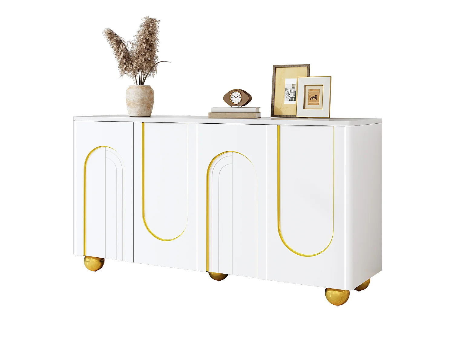 Komoda do salonu 140 x 40 x 74 cm - 4 drzwi - Złota dekoracja w kształcie łuku - Kuliste metalowe nóżki - MDF - Biała 5033595 - obrazek 1