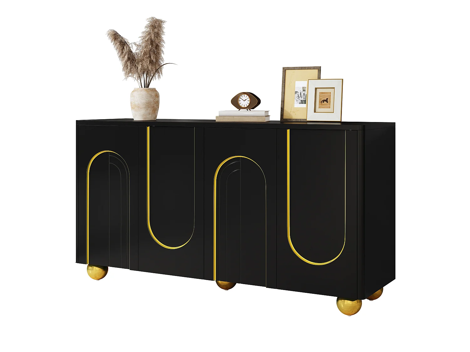 Komoda do salonu 140 x 40 x 74 cm - 4 drzwi - Złota dekoracja w kształcie łuku - Kuliste metalowe nóżki - MDF - Czarna 5033653 - obrazek 1