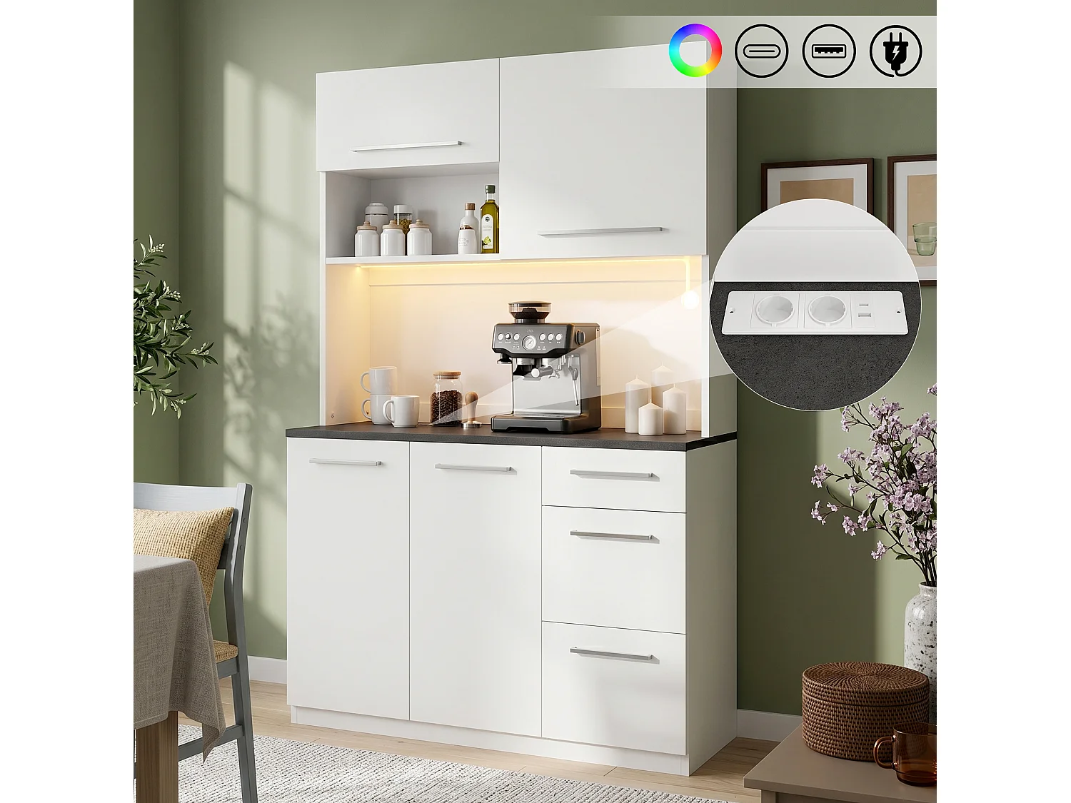 Kredens/szafa wysoka 120x4x180 cm - z oświetleniem LED - 4 drzwi i 3 szuflady - z gniazdkiem elektrycznym i portem USB - Biały 5033777 - obrazek 1