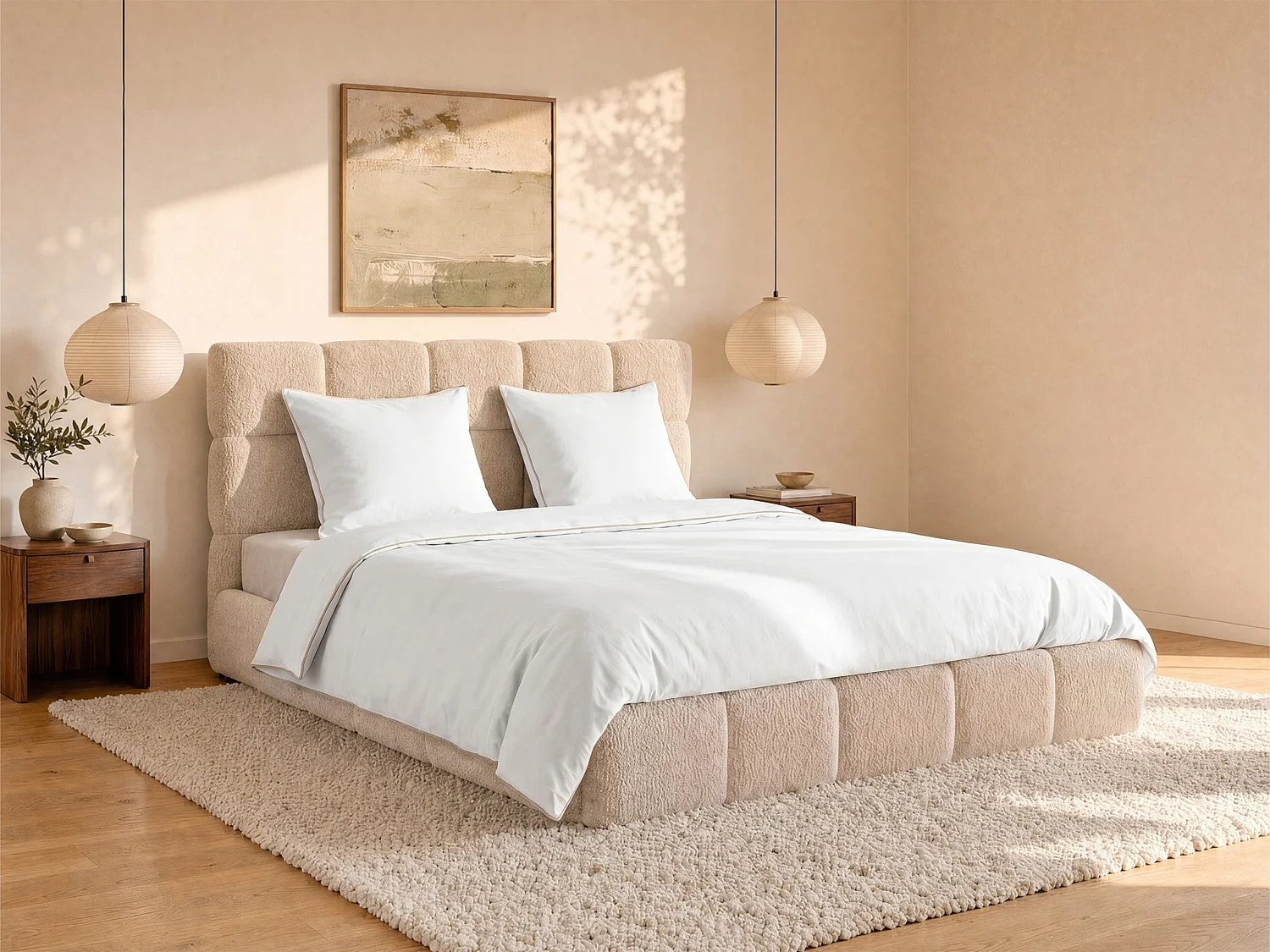 Komplet pościeli z bawełny perkalowej 80 nici/cm² - Poszwa na kołdrę 240 x 260 cm + 2 poszewki na poduszkę 63 x 63 cm - Biały z beżową obwódką - AGAMI marki PALACIO 1670031 - obrazek 1