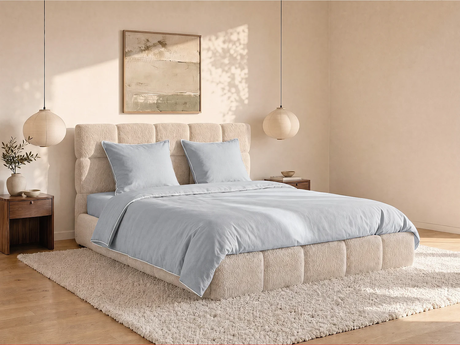 Komplet pościeli z bawełny perkalowej 80 nici/cm² - Poszwa na kołdrę 240 x 260 cm + 2 poszewki na poduszkę 63 x 63 cm - Szary z białą obwódką - AGAMI marki PALACIO 1669685 - obrazek 1