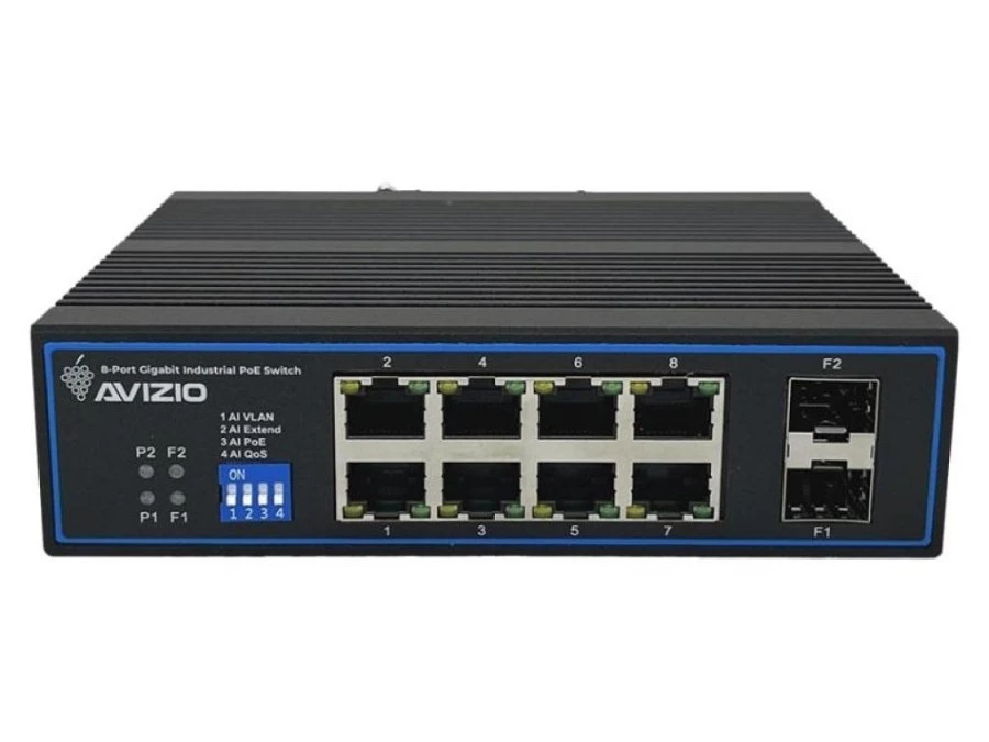 Niezarządzalny przełącznik przemysłowy (switch) 10xRJ45 ‑ 8 portów RJ45 PoE+ 1Gb/s + 2 porty SFP Uplink 1Gb/s AVIZIO