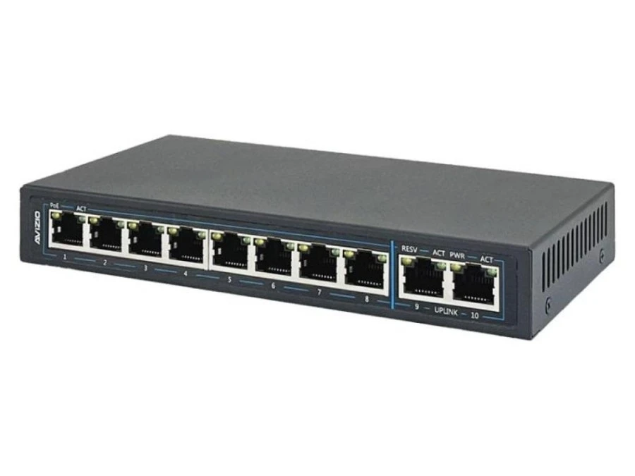 Niezarządzalny przełącznik (switch) 10xRJ45 ‑ 8 portów RJ45 PoE+ 100Mb/s + 2 porty RJ45 Uplink 1Gb/s AVIZIO - obrazek 2