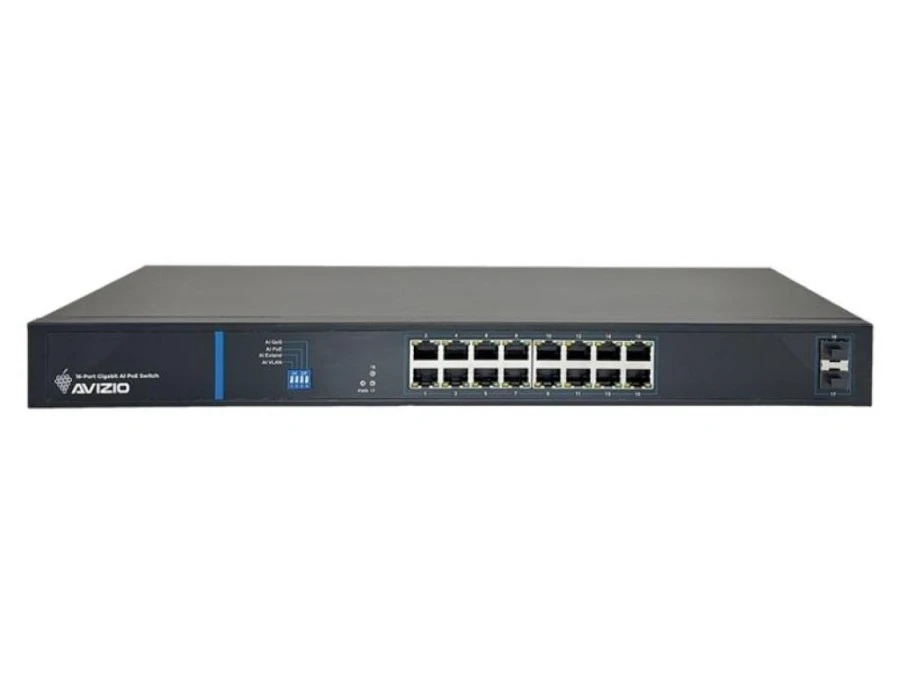 Niezarządzalny przełącznik (switch) 16 portów RJ45 PoE+ 1Gb/s + 2 porty SFP Uplink 1Gb/s AVIZIO
