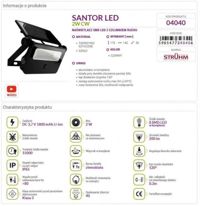 Naświetlacz SANTOR LED solarny 2W CW + czujnik ruchu 04040 STRUHM - obrazek 3