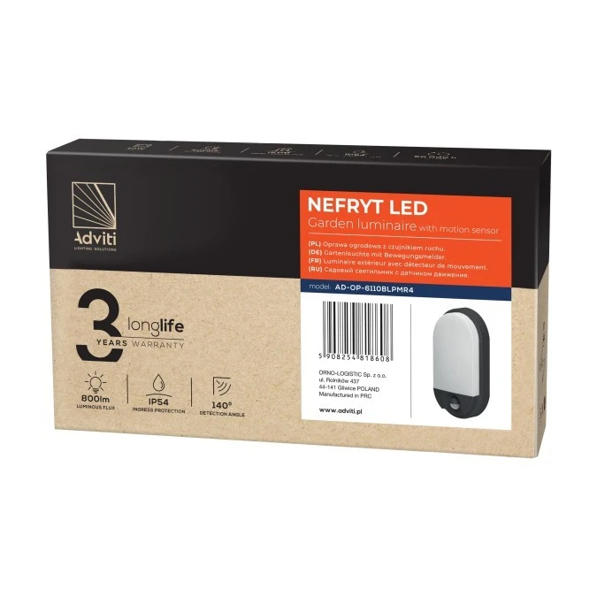 NEFRYT LED 10W, oprawa ogrodowa z czujnikiem ruchu, 800lm, IP54, 4000K, czarna,AD‑OP‑6110BLPMR4 - obrazek 2