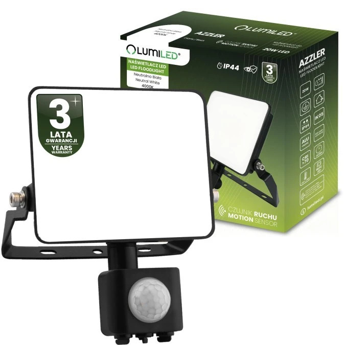 Naświetlacz LED AZZLER 20W 2400lm 4000K IP44 Halogen Zewnętrzny Lampa z Czujnikiem Ruchu Czarny LUMILED - obrazek 1