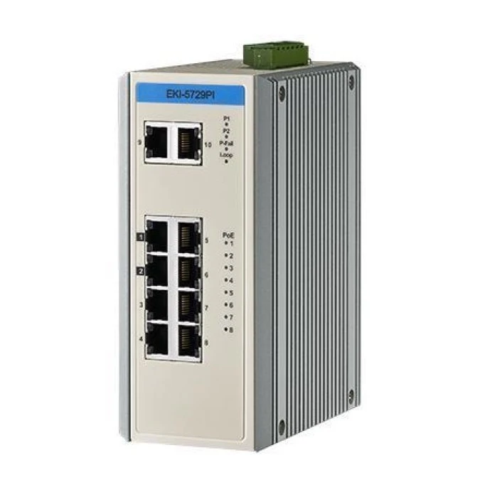 Niezarządzalny przełącznik sieciowy z 8x PoE RJ‑45, 2x GE, EMS lvl. 3, E‑mark, szerokim zakresem temperaturowym EKI‑5729PI‑AE