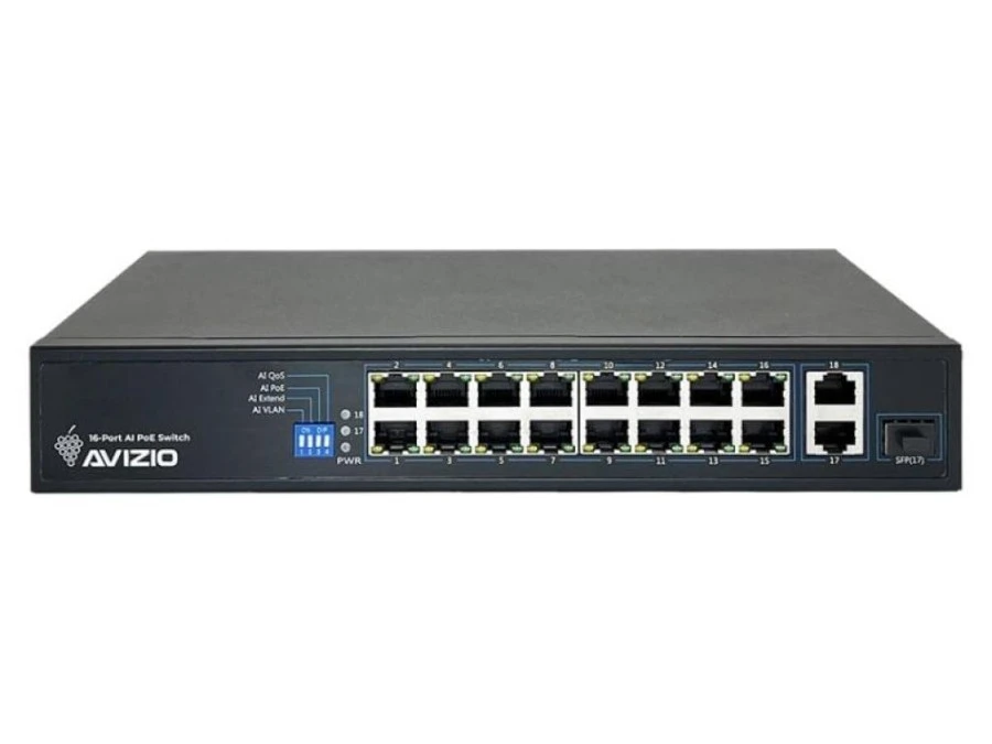Niezarządzalny przełącznik (switch) 18xRJ45 ‑ 16 portów RJ45 PoE+ 100Mb/s + 2 porty RJ45 Uplink 1Gb/s AVIZIO