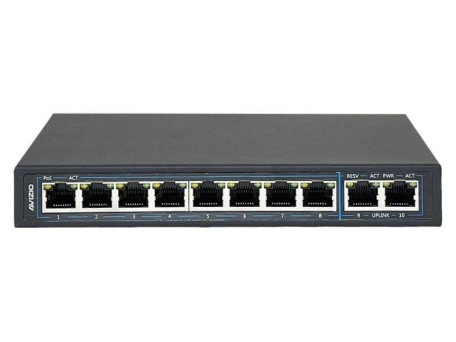 Niezarządzalny przełącznik (switch) 10xRJ45 ‑ 8 portów RJ45 PoE+ 1Gb/s + 2 porty RJ45 Uplink 1Gb/s AVIZIO