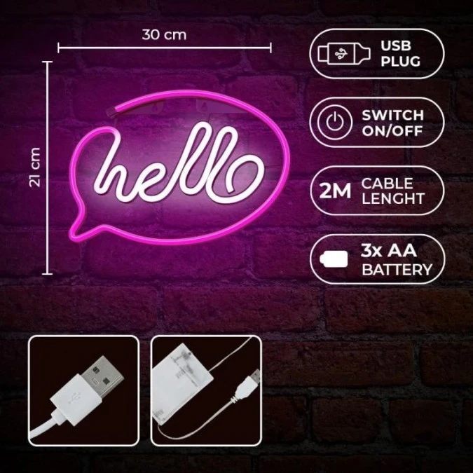 Neon LED HELLO róż biały Bat + USB FLNE15 Forever Light - obrazek 3