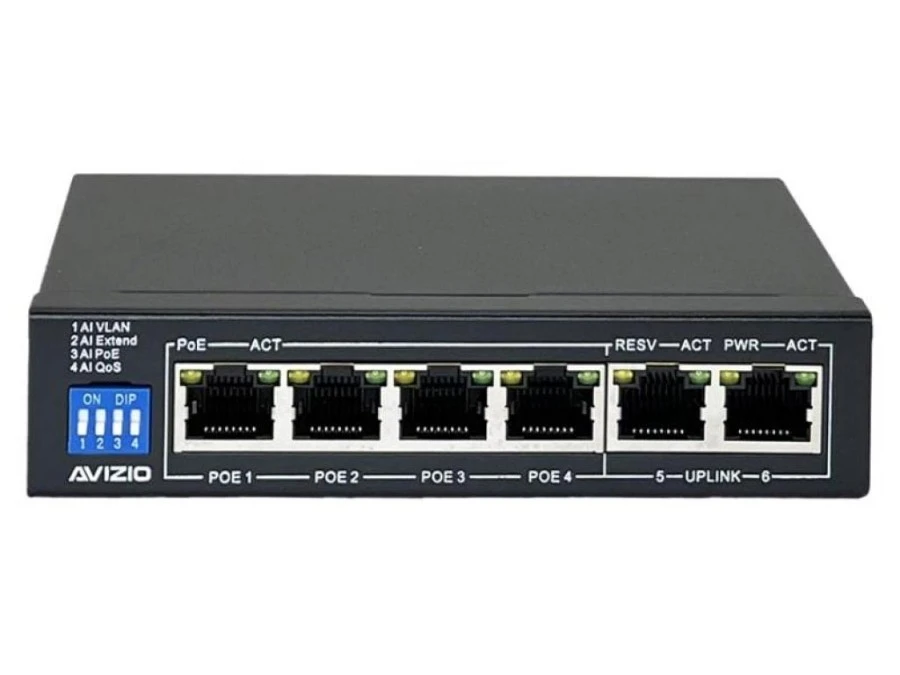Niezarządzalny przełącznik (switch) 6xRJ45 ‑ 4 porty RJ45 PoE+ 1Gb/s + 2 porty RJ45 Uplink 1Gb/s AVIZIO
