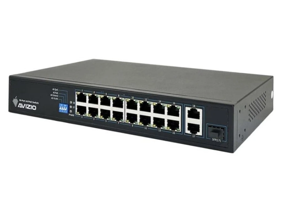 Niezarządzalny przełącznik (switch) 18xRJ45 ‑ 16 portów RJ45 PoE+ 100Mb/s + 2 porty RJ45 Uplink 1Gb/s AVIZIO - obrazek 2