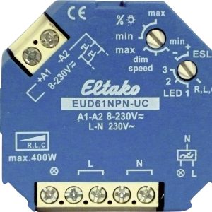 Ściemniacz uniwersalny Eltako EUD61NPN-UC, nad-/podtynkowy DIN, 100 W/500 W, niebieski Ściemniacz uniwersalny Eltako EUD61NPN-UC, nad-/podtynkowy DIN, 100 W/500 W, niebieski