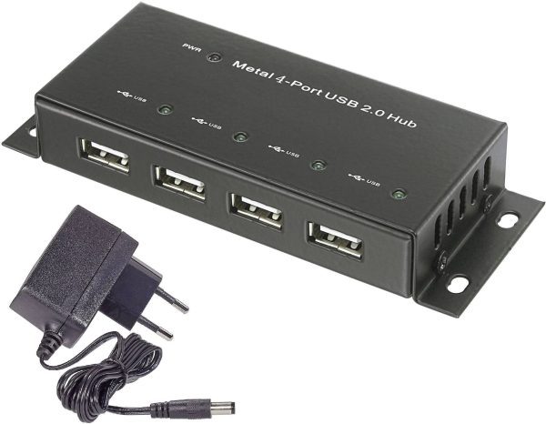 Renkforce RF-4830984 USB-Hub 4 porty USB-A USB 2.0 480 MBit/s metalowa obudowa, montaż ścienny czarny RF-4830984