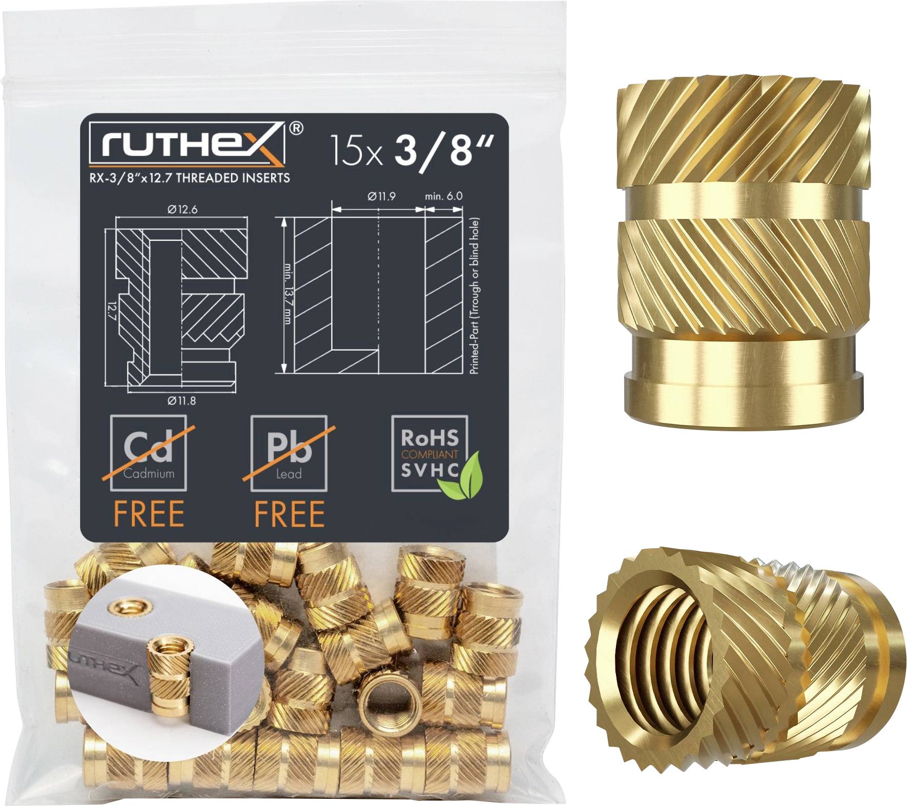 ruthex wkładka gwintowana Odpowiednie do: bq Prusa i3 Hephestos, Creality CR-10 RX-3/8“-16-x12.7 GE-3/8x127-001 - obrazek 1