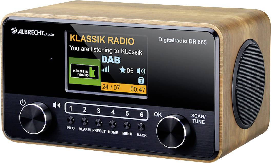 Radio Albrecht DR 865 DAB+, fale metrowe (VHF) bez blokad, z pilotem, blokada klawiszy, funkcja budzika drewno (ciemny) - obrazek 1